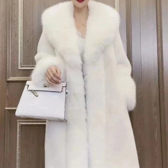 Faux Fur Coats Women Long Coat Thick Warm Turn Down Collar Open Stitch Spring Outerwear Jackets Elegant Splice Autumn Winter